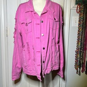 Distressed, pink, jean jacket.